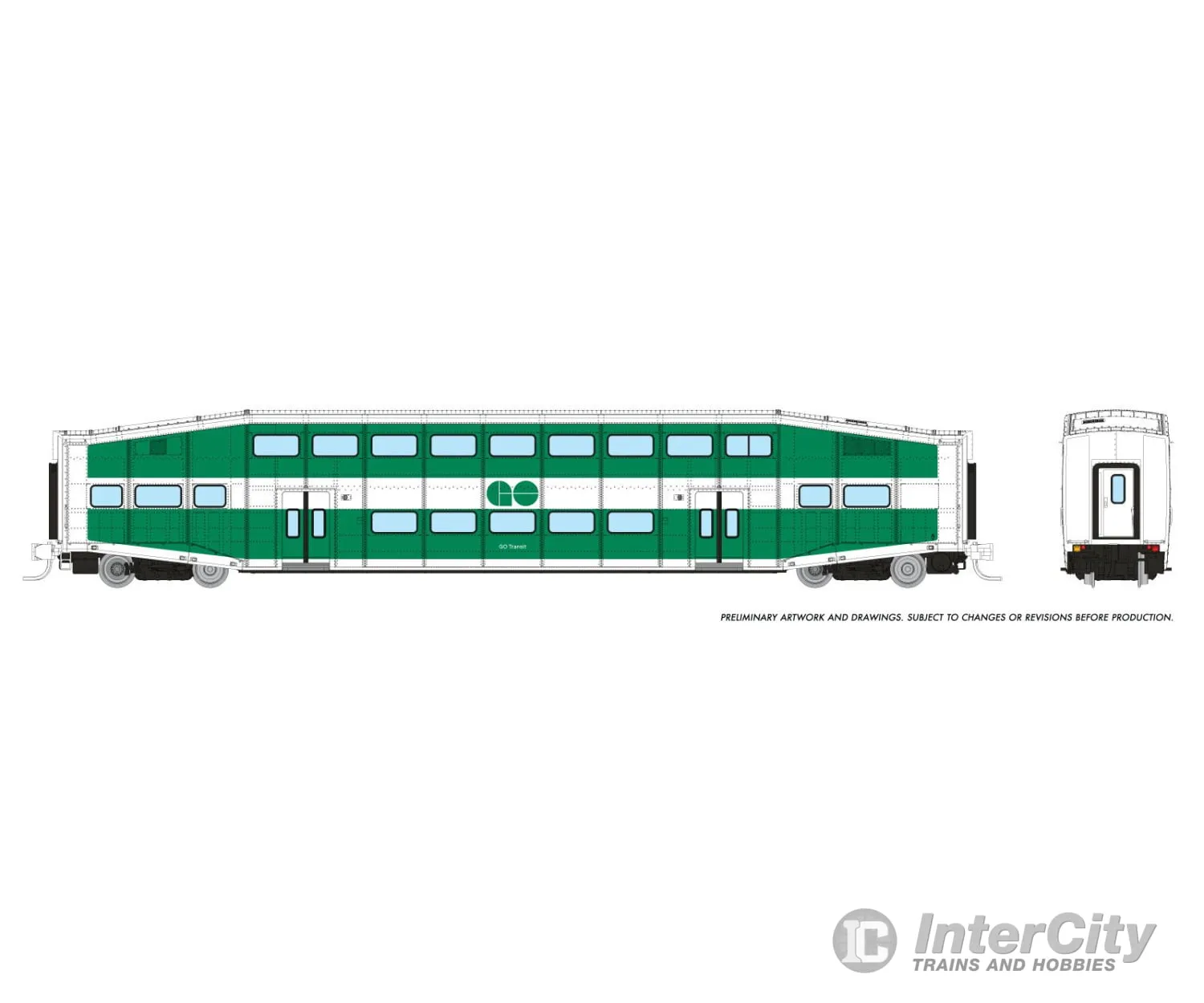 Rapido 546014 N Bilevel Commuter Car: GO Transit: Set #2 (Cab: 213 Coaches: 2211 2240)