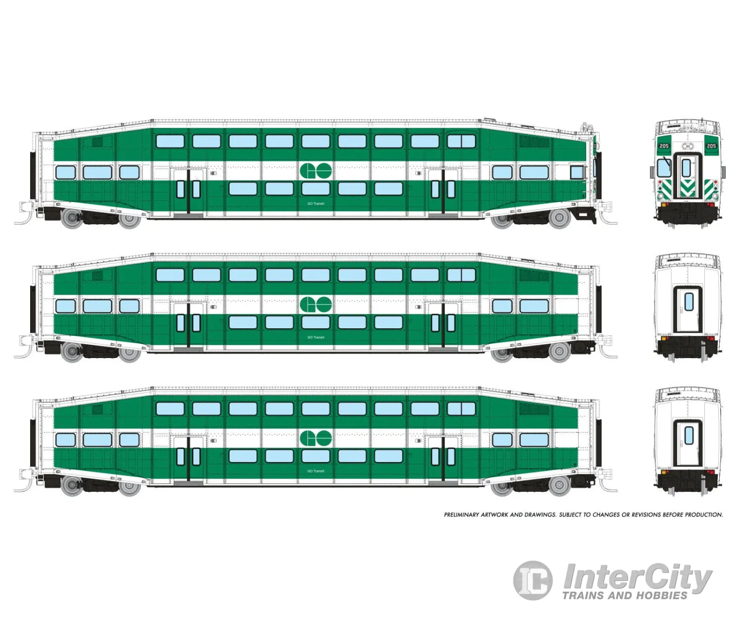 Rapido 546014 N Bilevel Commuter Car: GO Transit: Set #2 (Cab: 213 Coaches: 2211 2240)