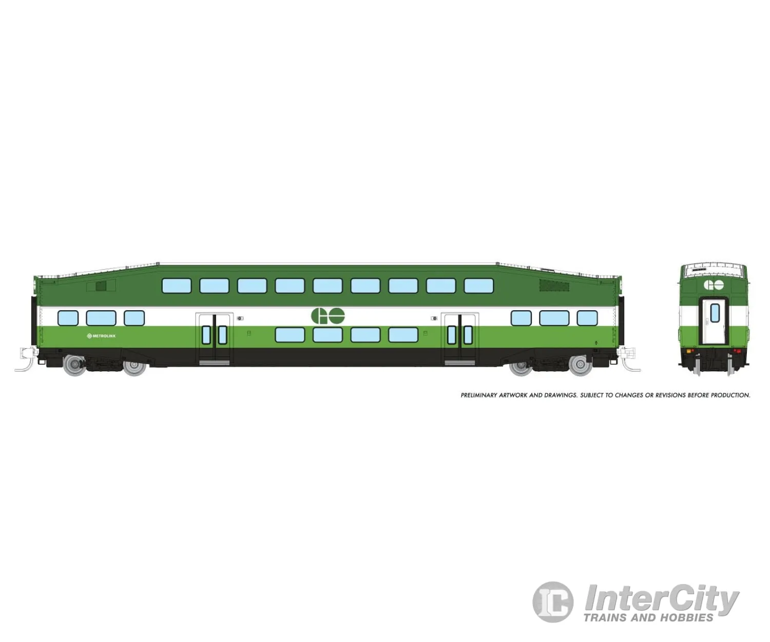 Rapido 546016 N Bilevel Commuter Car: GO/Metrolinx: Set #1 (Cab: 255 Coaches: 2808 2844)
