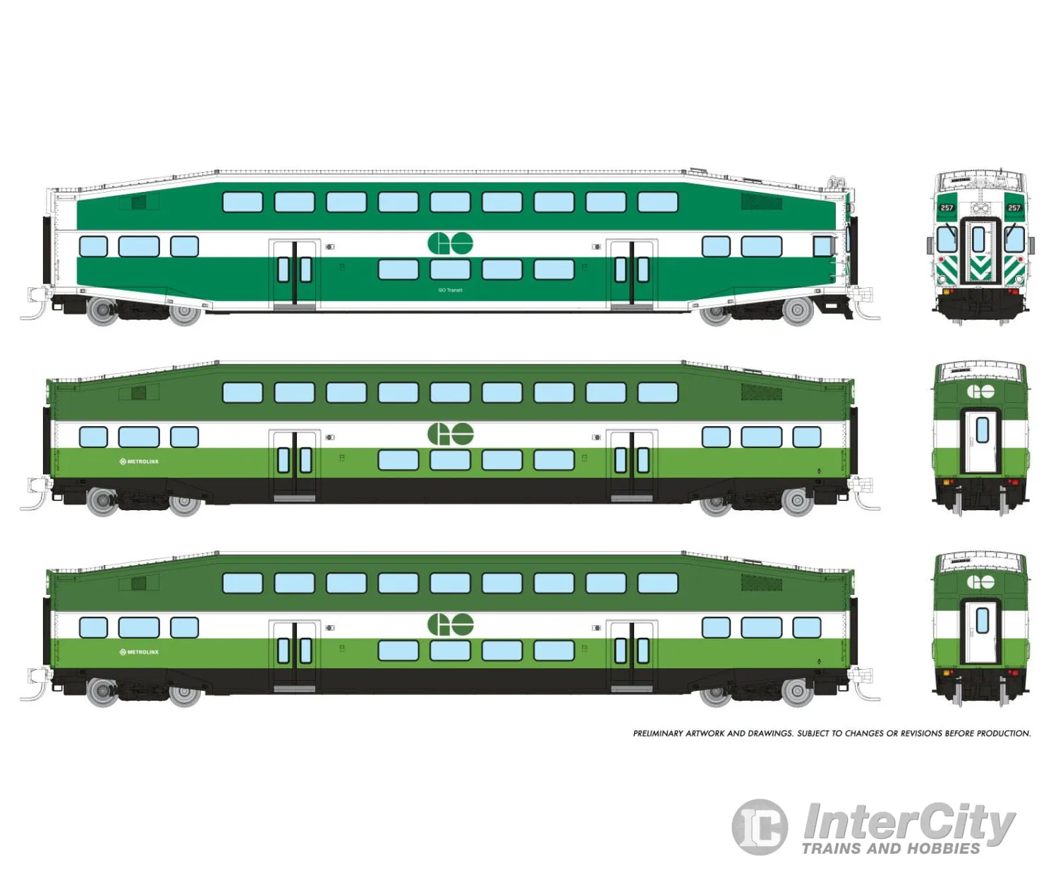 Rapido 546016 N Bilevel Commuter Car: GO/Metrolinx: Set #1 (Cab: 255 Coaches: 2808 2844)
