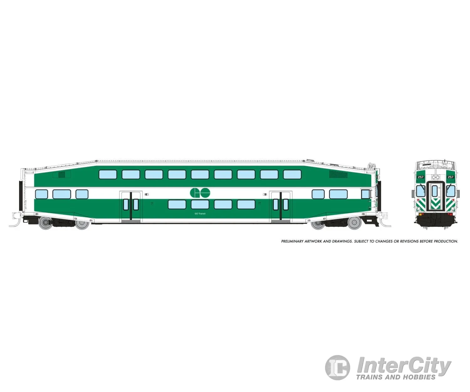 Rapido 546016 N Bilevel Commuter Car: GO/Metrolinx: Set #1 (Cab: 255 Coaches: 2808 2844)