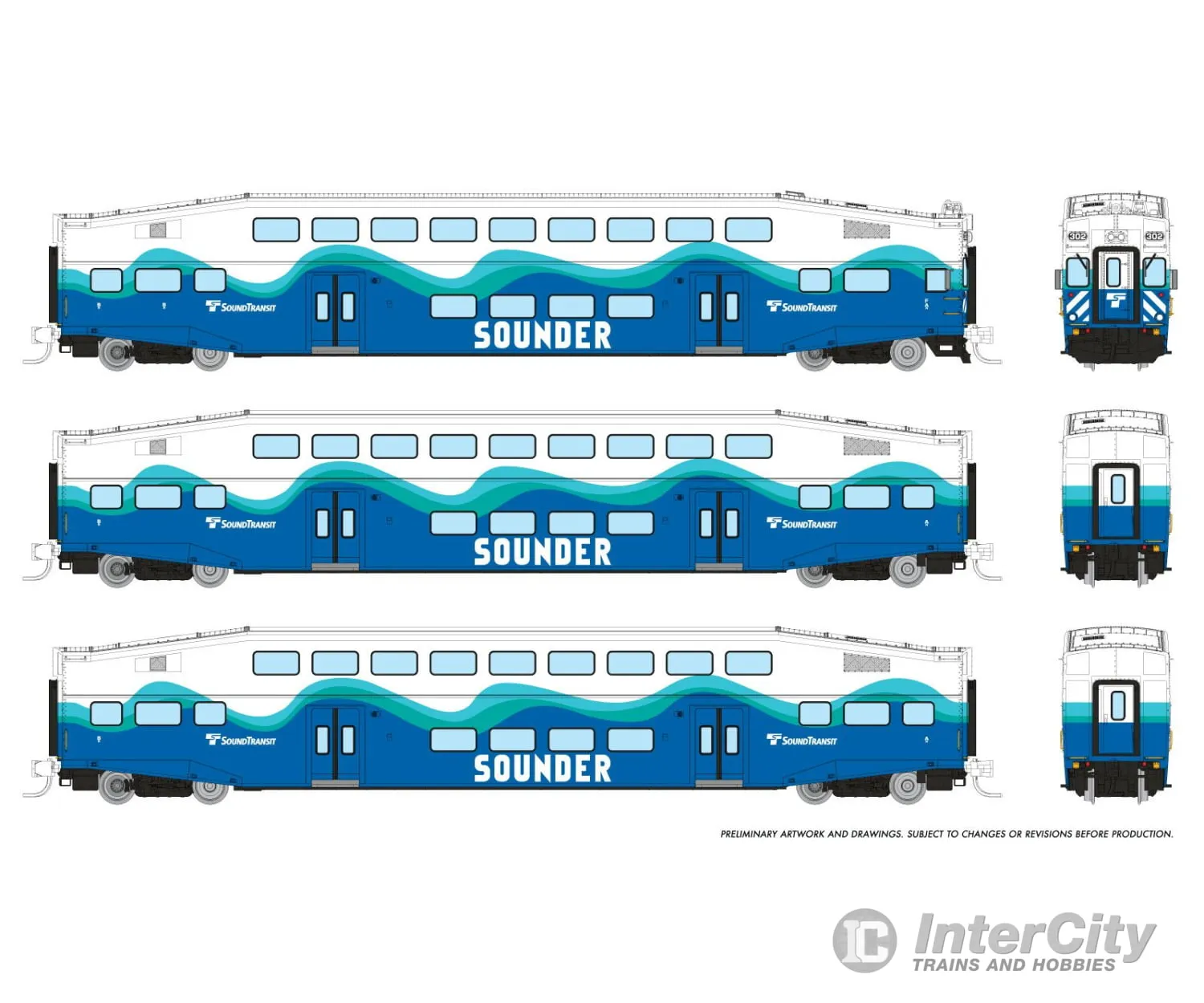 Rapido 546022 N Bilevel Commuter Car: Sounder: Set #1 (Cab: 302 Coaches: 404 410)