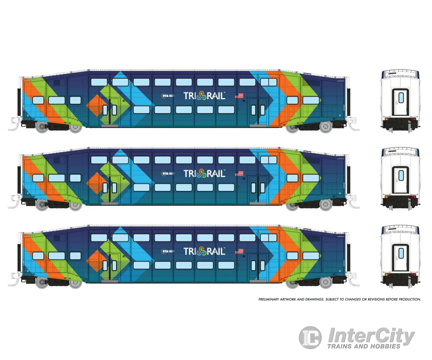 Rapido 546030 N Bilevel Commuter Car: TriRail - Dark Blue Scheme: Set #3 (Coaches: 1001 1006 1012)