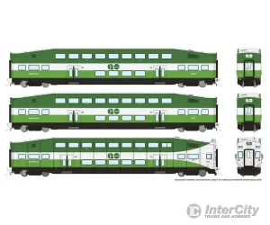 Rapido HO 146041 Bi-Level Commuter 2 Coach and Cab Car Set - Ready to Run - Go Transit/Metrolinx Set #2 #212, 2846, 2857 (green, white)