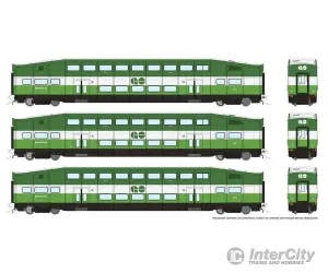 Rapido HO 146042 Bi-Level Commuter 3-Coach Set - Ready to Run - Go Transit/Metrolinx Set #3 #2413, 2437, 2454 (green, white)