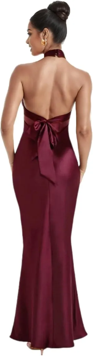 RARITYUS Women’s Elegant Satin Bow Maxi Dress Sexy Halter Backless Bodycon Wedding Guest Dress Flowy Cocktail Dresses