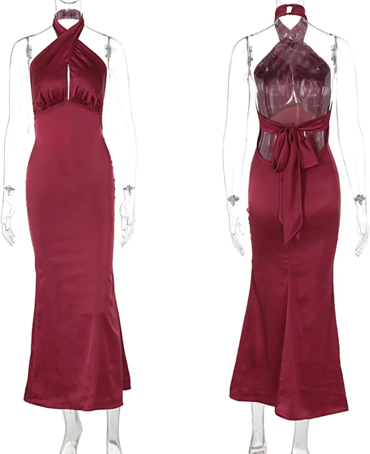 RARITYUS Women’s Elegant Satin Bow Maxi Dress Sexy Halter Backless Bodycon Wedding Guest Dress Flowy Cocktail Dresses