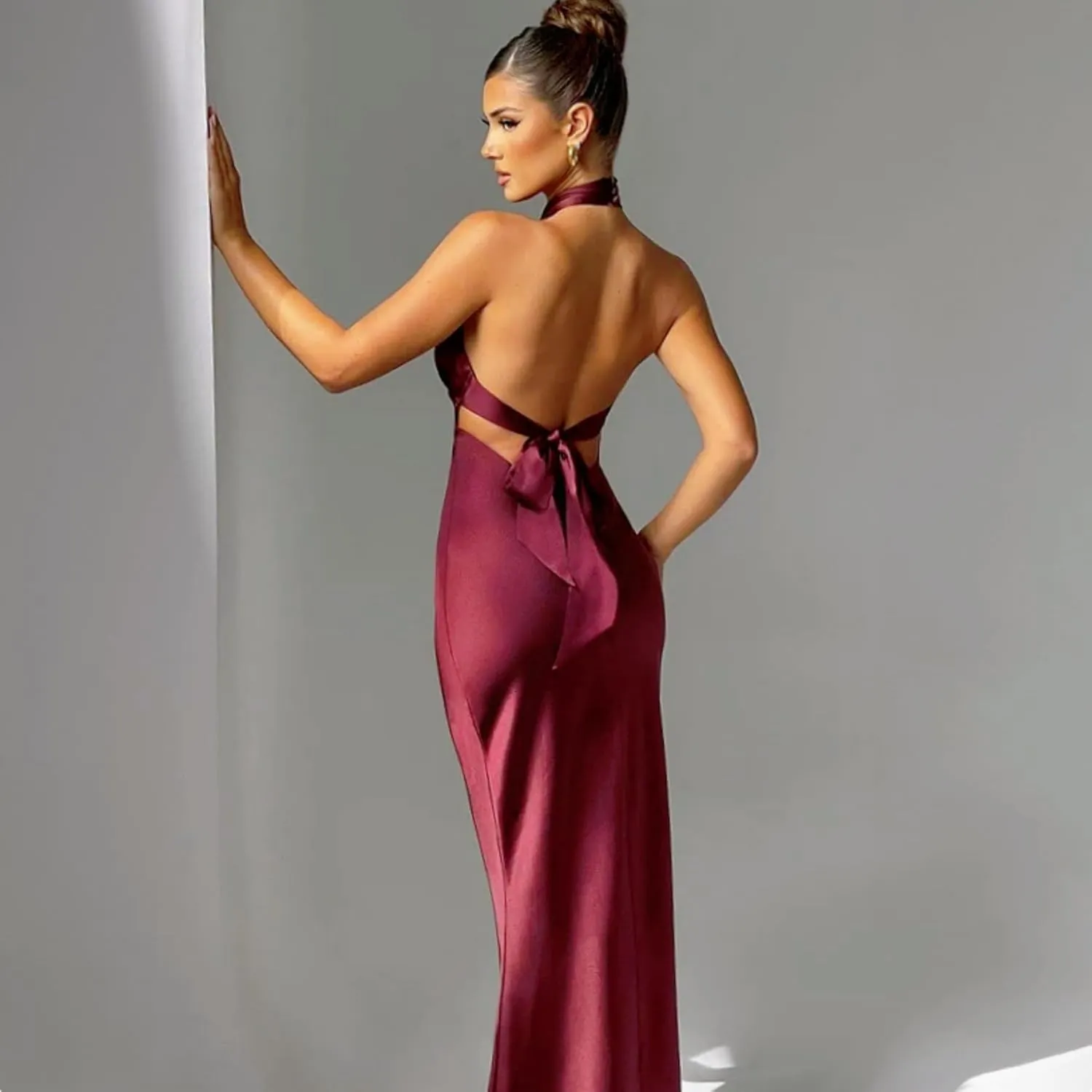 RARITYUS Women’s Elegant Satin Bow Maxi Dress Sexy Halter Backless Bodycon Wedding Guest Dress Flowy Cocktail Dresses
