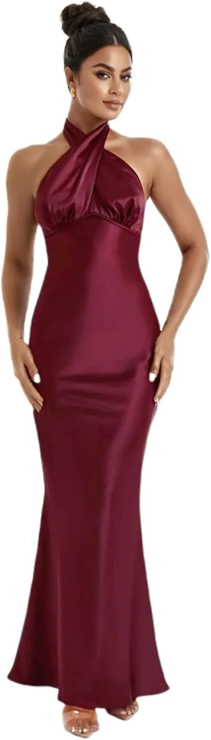 RARITYUS Women’s Elegant Satin Bow Maxi Dress Sexy Halter Backless Bodycon Wedding Guest Dress Flowy Cocktail Dresses