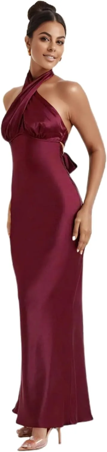 RARITYUS Women’s Elegant Satin Bow Maxi Dress Sexy Halter Backless Bodycon Wedding Guest Dress Flowy Cocktail Dresses