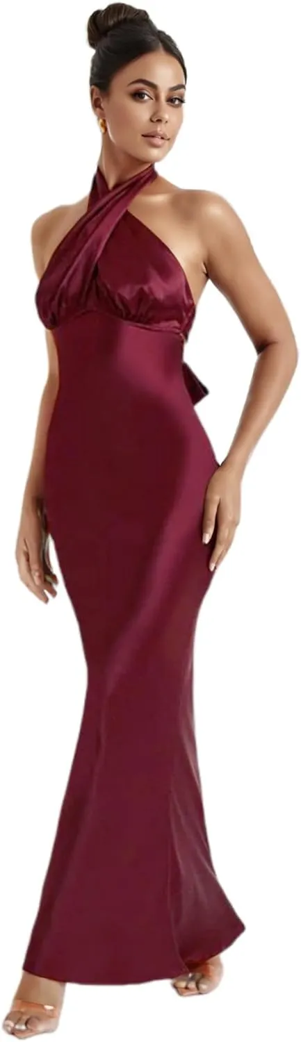 RARITYUS Women’s Elegant Satin Bow Maxi Dress Sexy Halter Backless Bodycon Wedding Guest Dress Flowy Cocktail Dresses