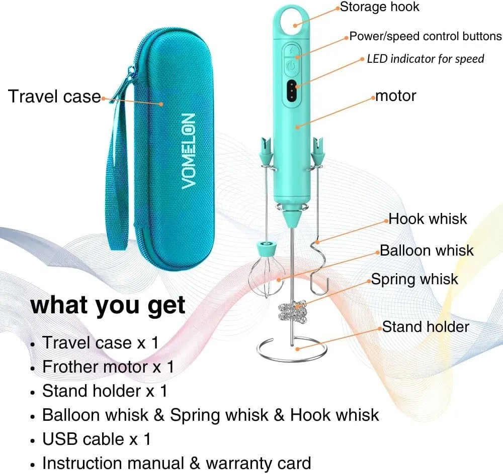 Rechargeable Milk Frother Handheld 3 Speed Coffee Foamer [3 Whisk] Electric Drink Mixer for Latte, Cappuccino, Coffee, Eggs, Hot Chocolate, Mint