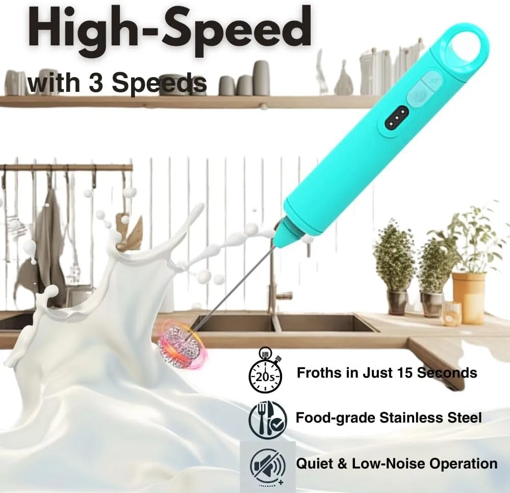 Rechargeable Milk Frother Handheld 3 Speed Coffee Foamer [3 Whisk] Electric Drink Mixer for Latte, Cappuccino, Coffee, Eggs, Hot Chocolate, Mint