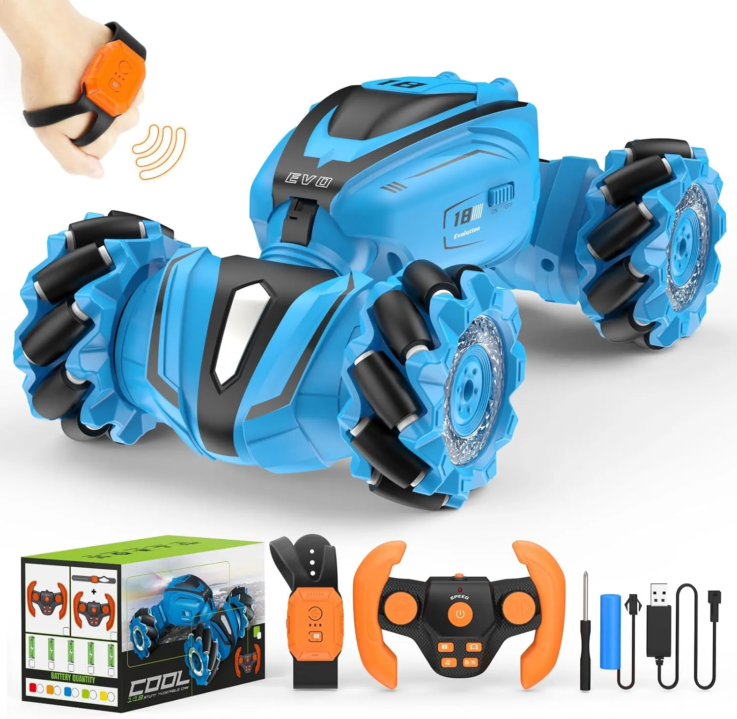 Remote Control Car for Boys, High-Speed Stunt RC Cars with 360° Flips and Drifts, Gesture Control, 2.4Ghz Rechargeable RC Car - Perfect Christmas Birthday Gift for Kids Age 6  Years Old (Blue)