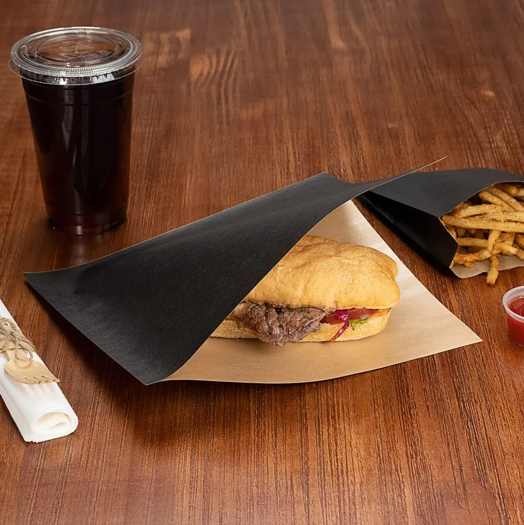 Restaurantware Bag Tek 10" x 9" Double Open Bags 100 Large Deli Paper Sheets - Disposable Greaseproof Black Paper Deli Wrap Liners For Snacks Cookies And More