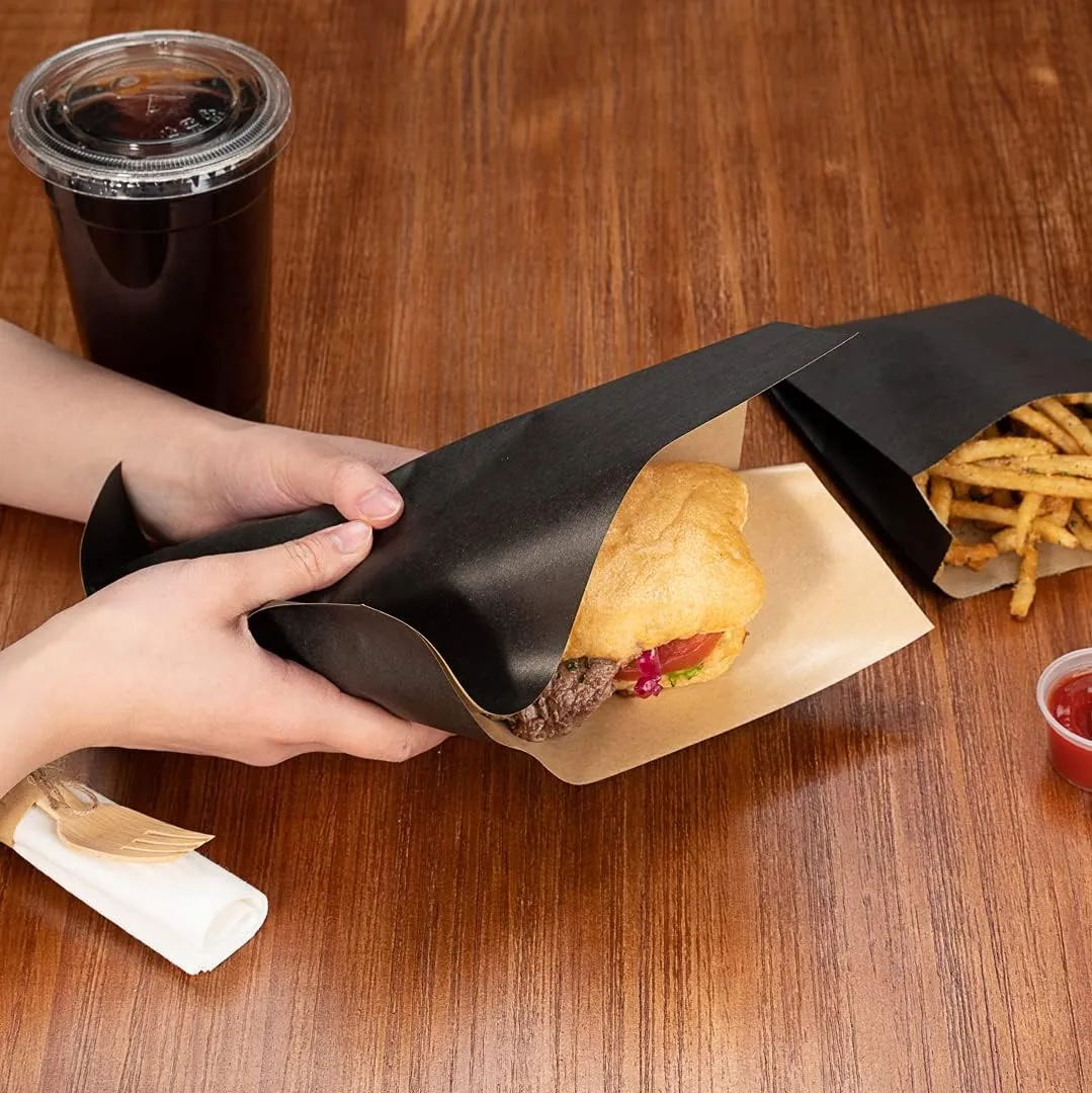 Restaurantware Bag Tek 10" x 9" Double Open Bags 100 Large Deli Paper Sheets - Disposable Greaseproof Black Paper Deli Wrap Liners For Snacks Cookies And More
