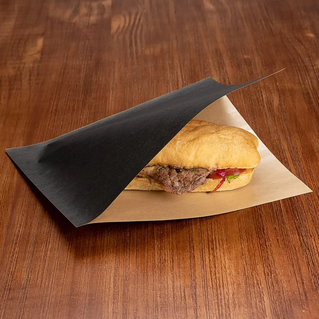 Restaurantware Bag Tek 10" x 9" Double Open Bags 100 Large Deli Paper Sheets - Disposable Greaseproof Black Paper Deli Wrap Liners For Snacks Cookies And More