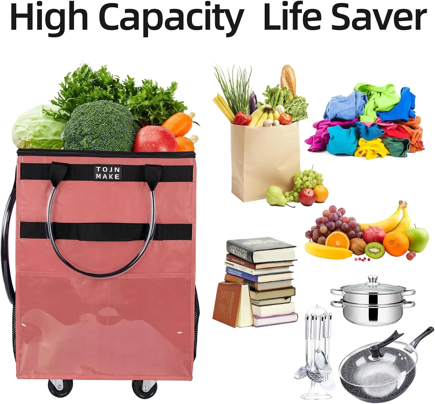 Reusable Grocery Bag On Wheels, Shopping Trolley, Rolling Tote with 8 Pockets and Zipper Cover, Foldable, Heavy Duty Handles, Carries Up to 46 LBS (Medium, Pink)