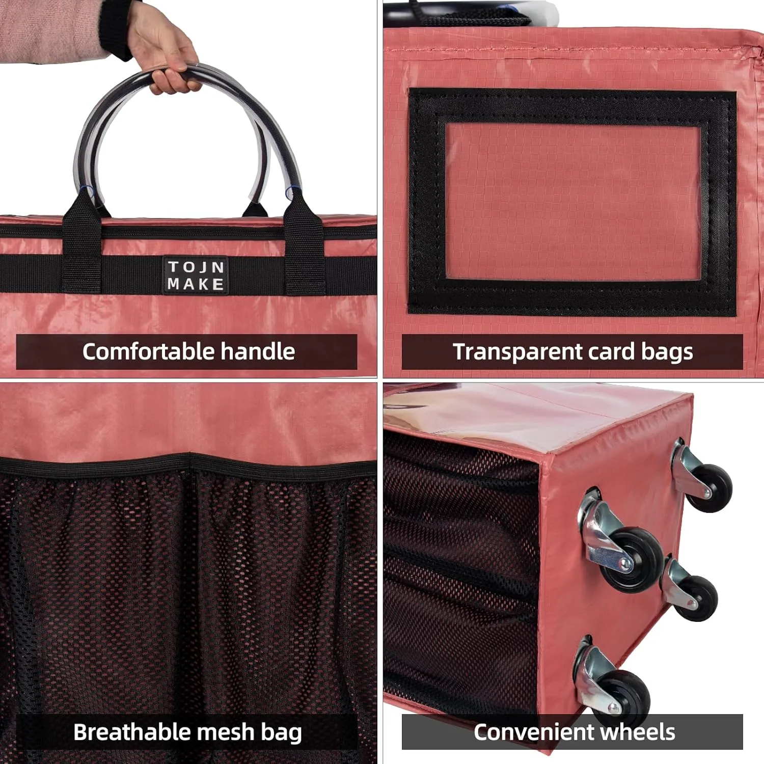 Reusable Grocery Bag On Wheels, Shopping Trolley, Rolling Tote with 8 Pockets and Zipper Cover, Foldable, Heavy Duty Handles, Carries Up to 46 LBS (Medium, Pink)