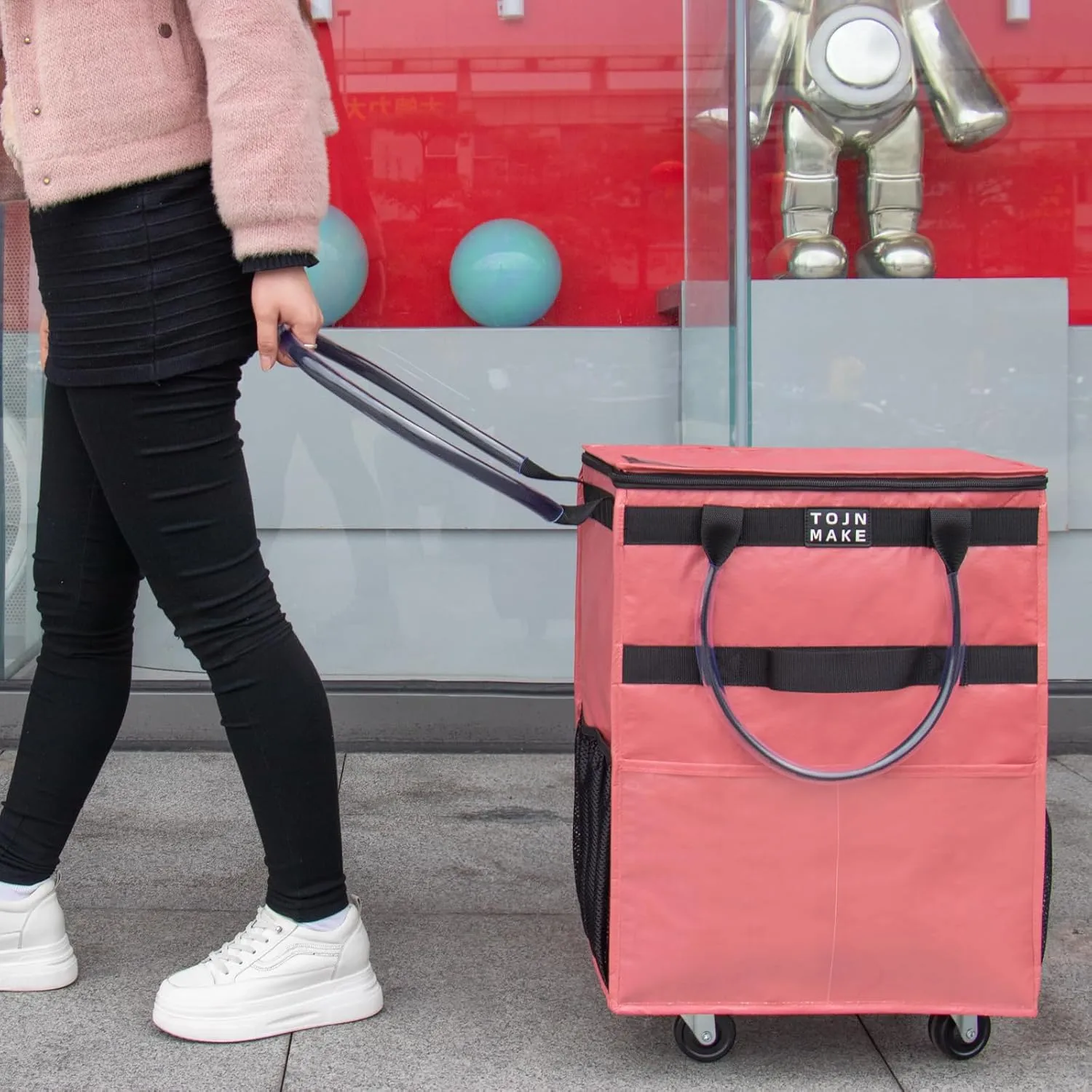 Reusable Grocery Bag On Wheels, Shopping Trolley, Rolling Tote with 8 Pockets and Zipper Cover, Foldable, Heavy Duty Handles, Carries Up to 46 LBS (Medium, Pink)