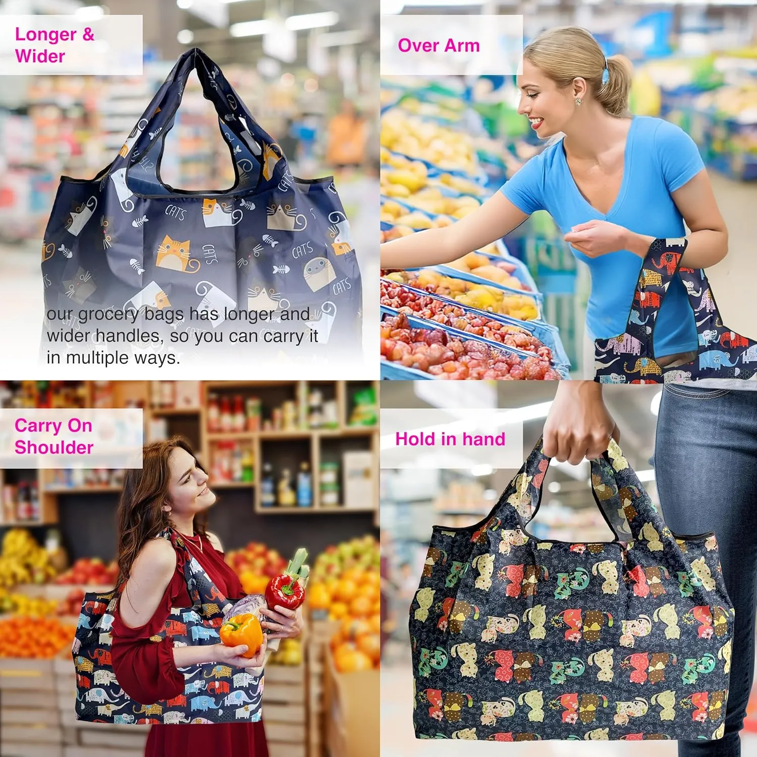 Reusable Grocery Shopping Bags with Handles – Foldable Tote Bags for Groceries