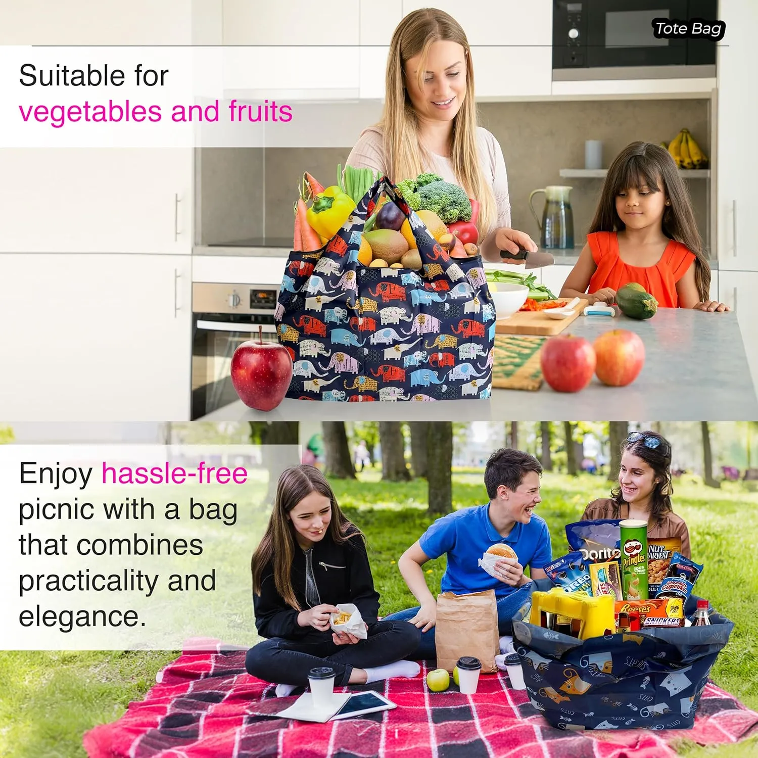 Reusable Grocery Shopping Bags with Handles – Foldable Tote Bags for Groceries