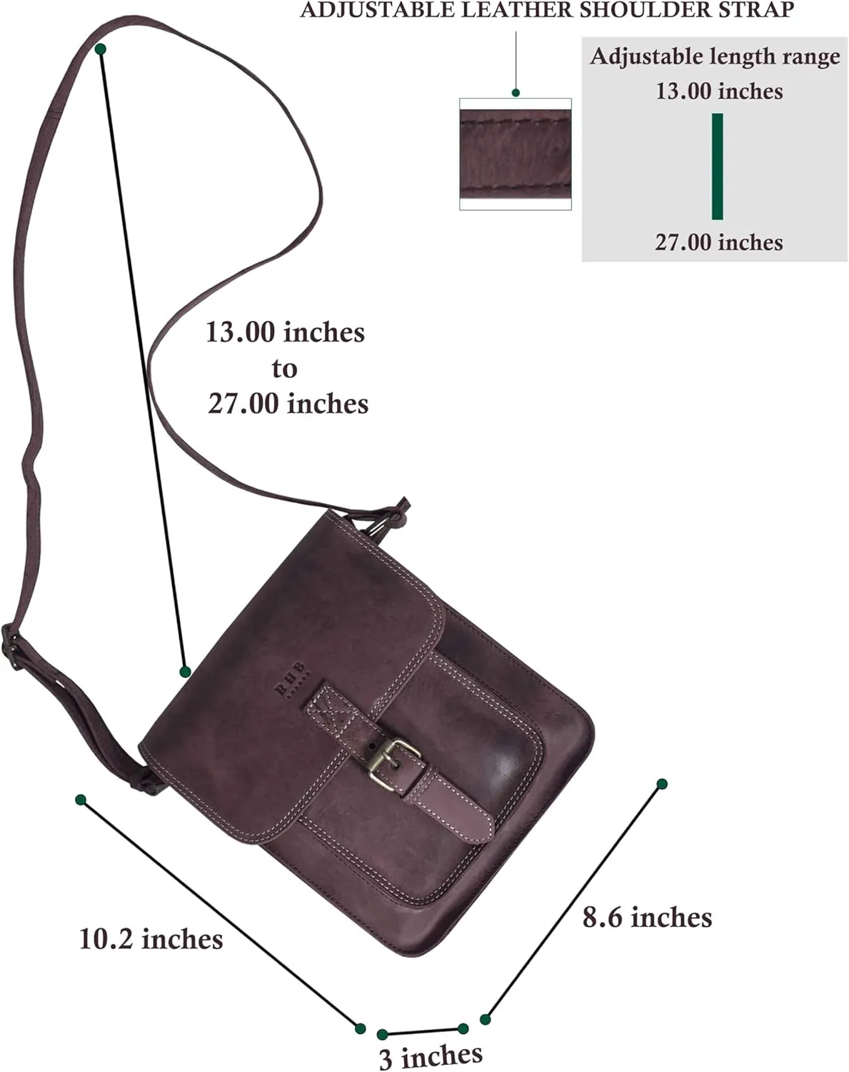 RHB Leather Crossbody Bag for Women - Sturdy Vintage Messenger Bag for Men with Adjustable Flap Fits IPad 11 inches