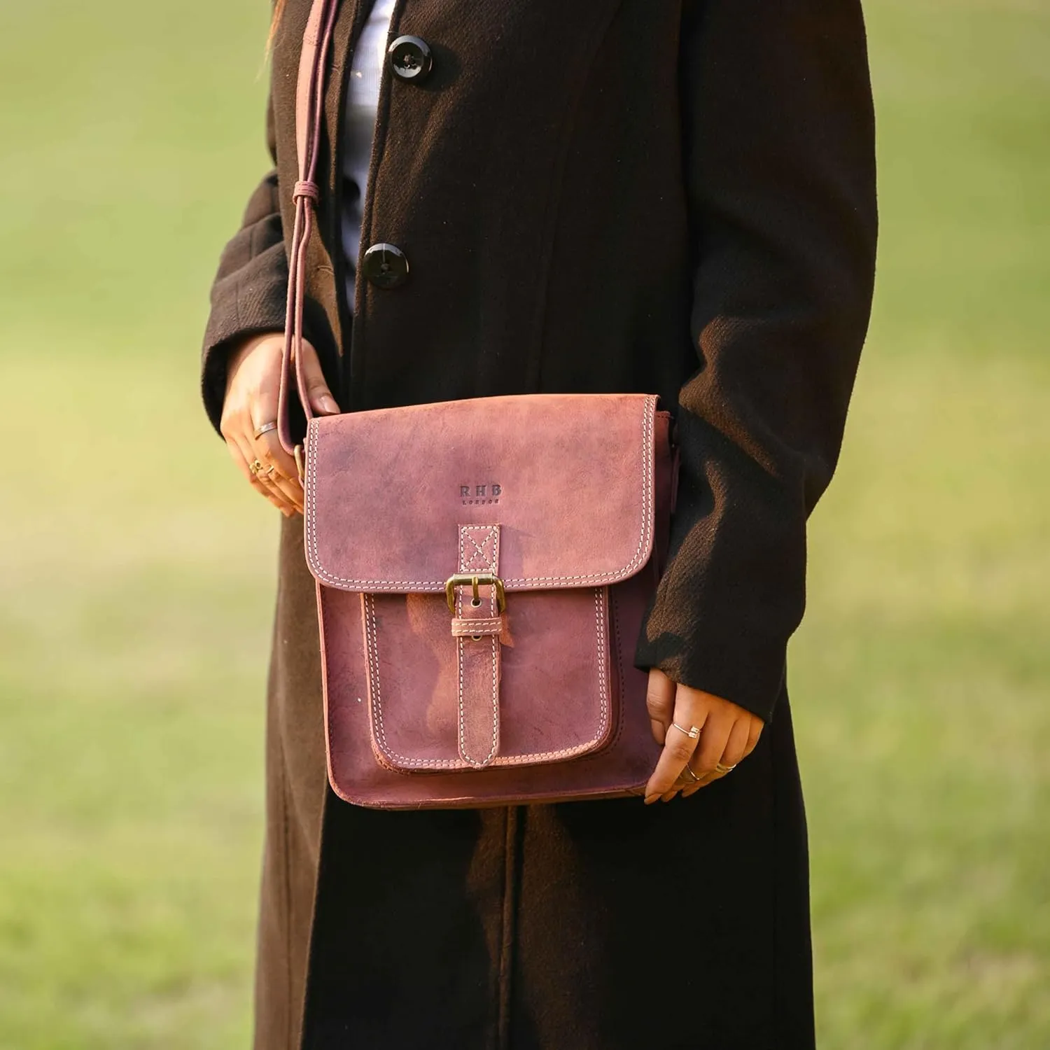RHB Leather Crossbody Bag for Women - Sturdy Vintage Messenger Bag for Men with Adjustable Flap Fits IPad 11 inches
