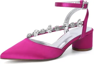 Rhinestones Satin Strappy Wedding Shoes Pointed Toe Block Low Heel Bridal Shoes Women Party Sandals 4.5CM Closed Toe Ankle Strap Pumps for Prom,Rose red,8