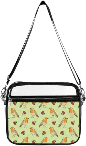Robin Redbreast Berries and Leaf Foliage Clear Stadium Bag Clear Messenger Bag Shoulder Bag with 2 Compartments Clear Crossbody Bag