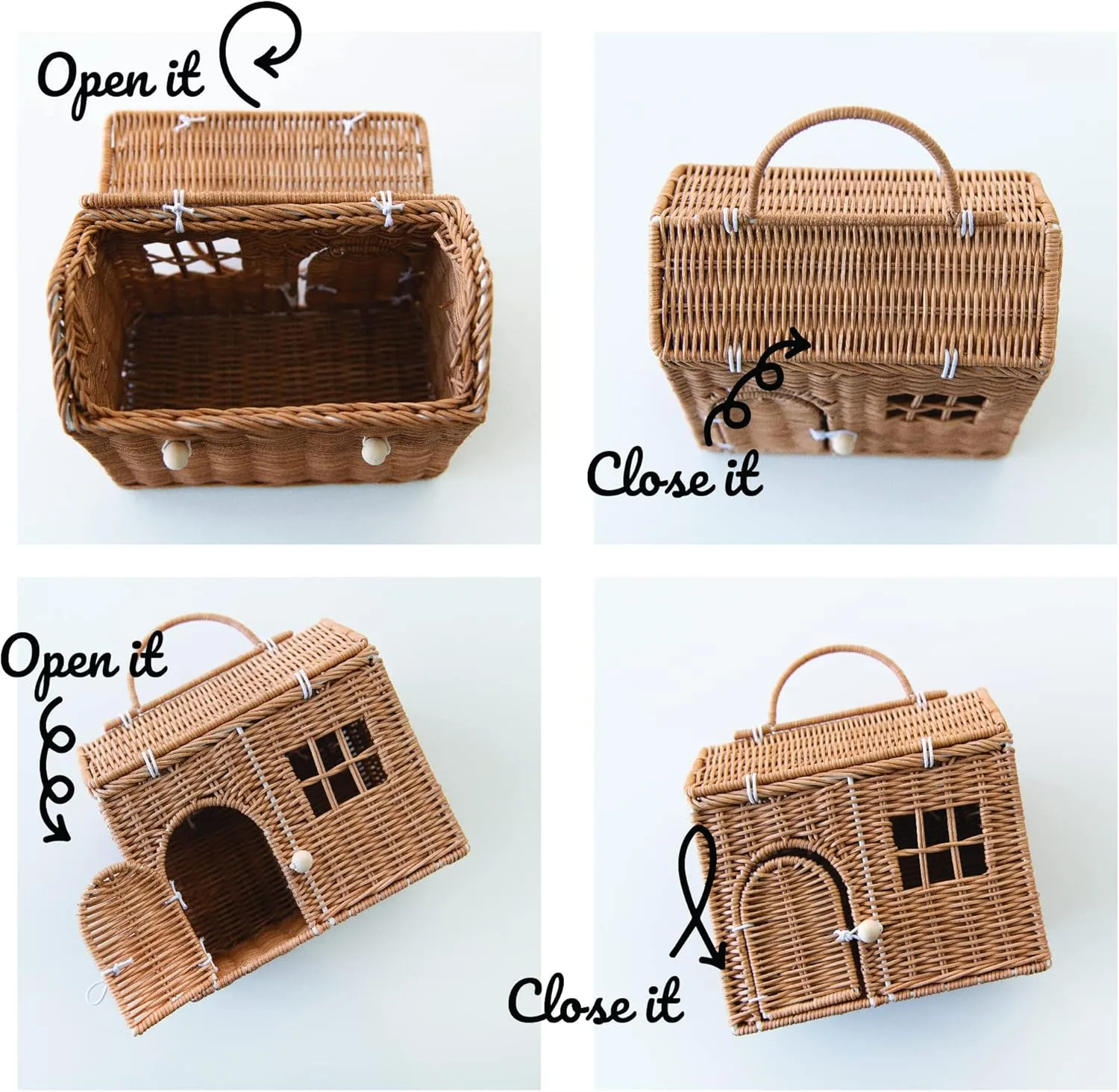 Rool Rattan House Shaped Basket Wicker Small Dollhouse Gift for Girls, Boho Toys, Mouse in a Box House, Little Girl Purse Clutch, Doll Carrier (Brown)