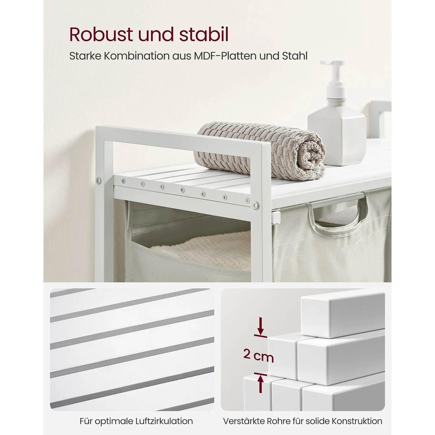 Rootz Laundry Basket with Shelf - White - MDF Steel Clothing Hamper - Organizer - 73cm x 33cm x 72cm - 2 Bags - Heavy Duty - Storage Rack - Oxford Cloth