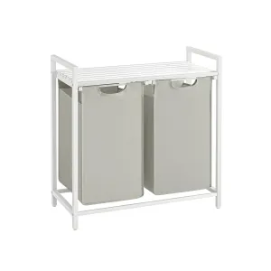 Rootz Laundry Basket with Shelf - White - MDF Steel Clothing Hamper - Organizer - 73cm x 33cm x 72cm - 2 Bags - Heavy Duty - Storage Rack - Oxford Cloth