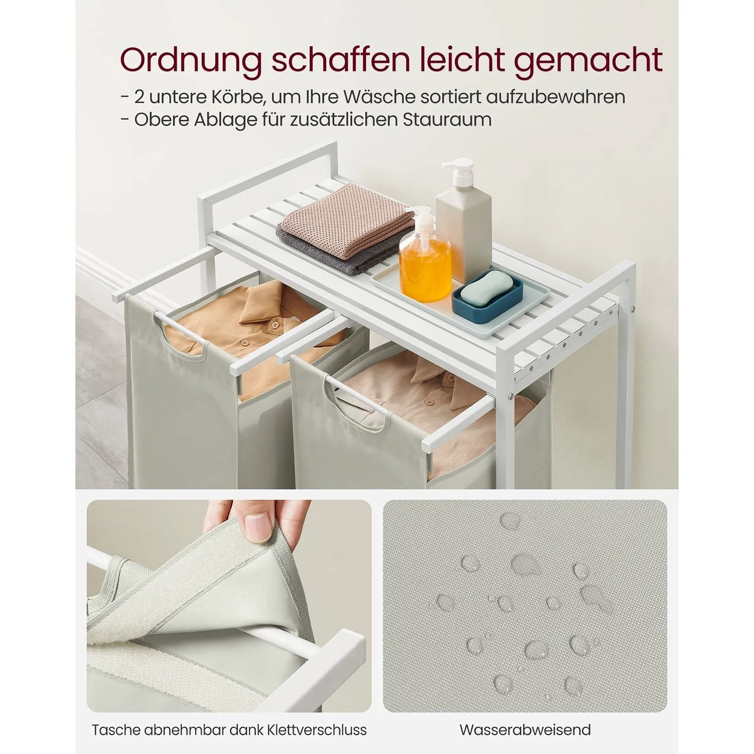 Rootz Laundry Basket with Shelf - White - MDF Steel Clothing Hamper - Organizer - 73cm x 33cm x 72cm - 2 Bags - Heavy Duty - Storage Rack - Oxford Cloth