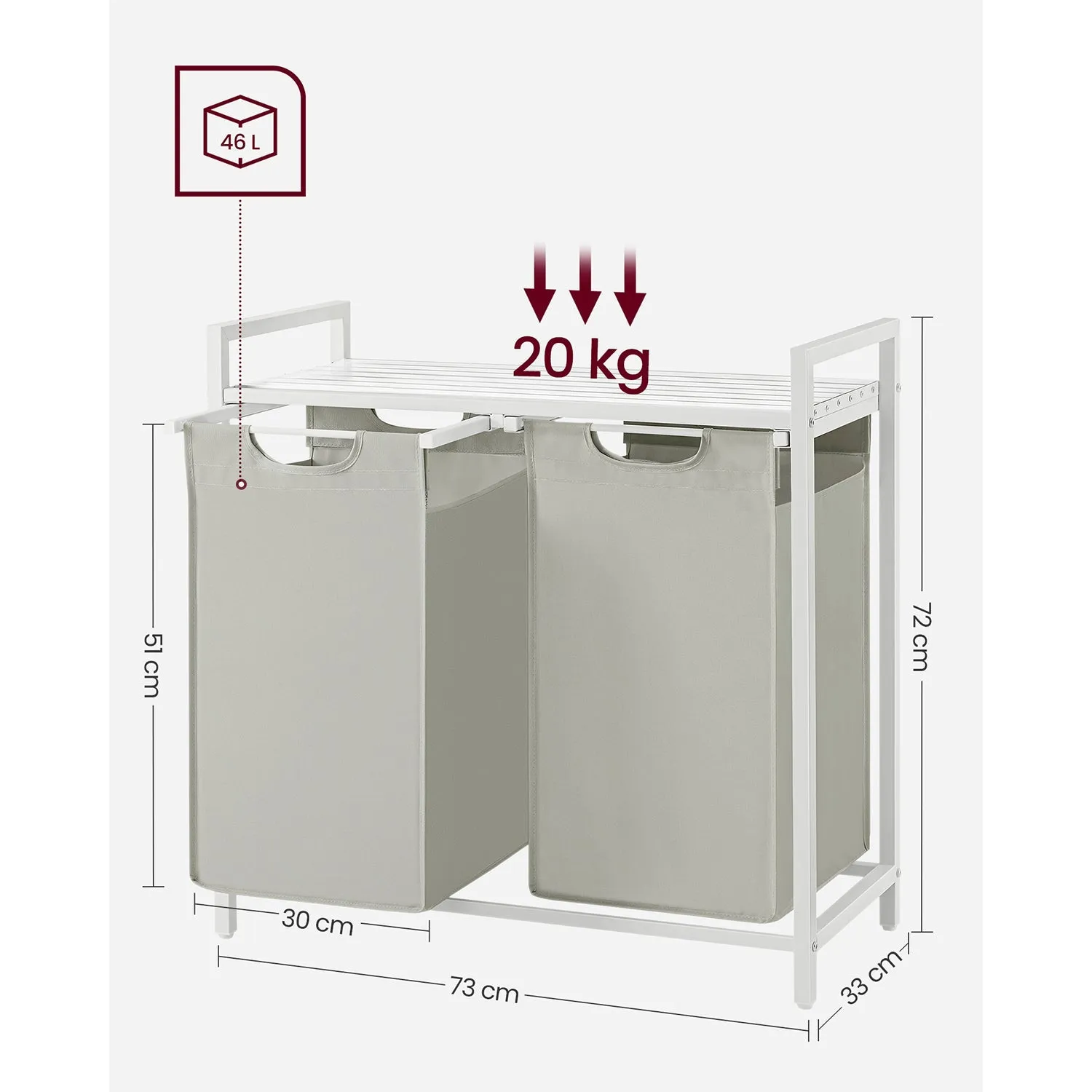 Rootz Laundry Basket with Shelf - White - MDF Steel Clothing Hamper - Organizer - 73cm x 33cm x 72cm - 2 Bags - Heavy Duty - Storage Rack - Oxford Cloth