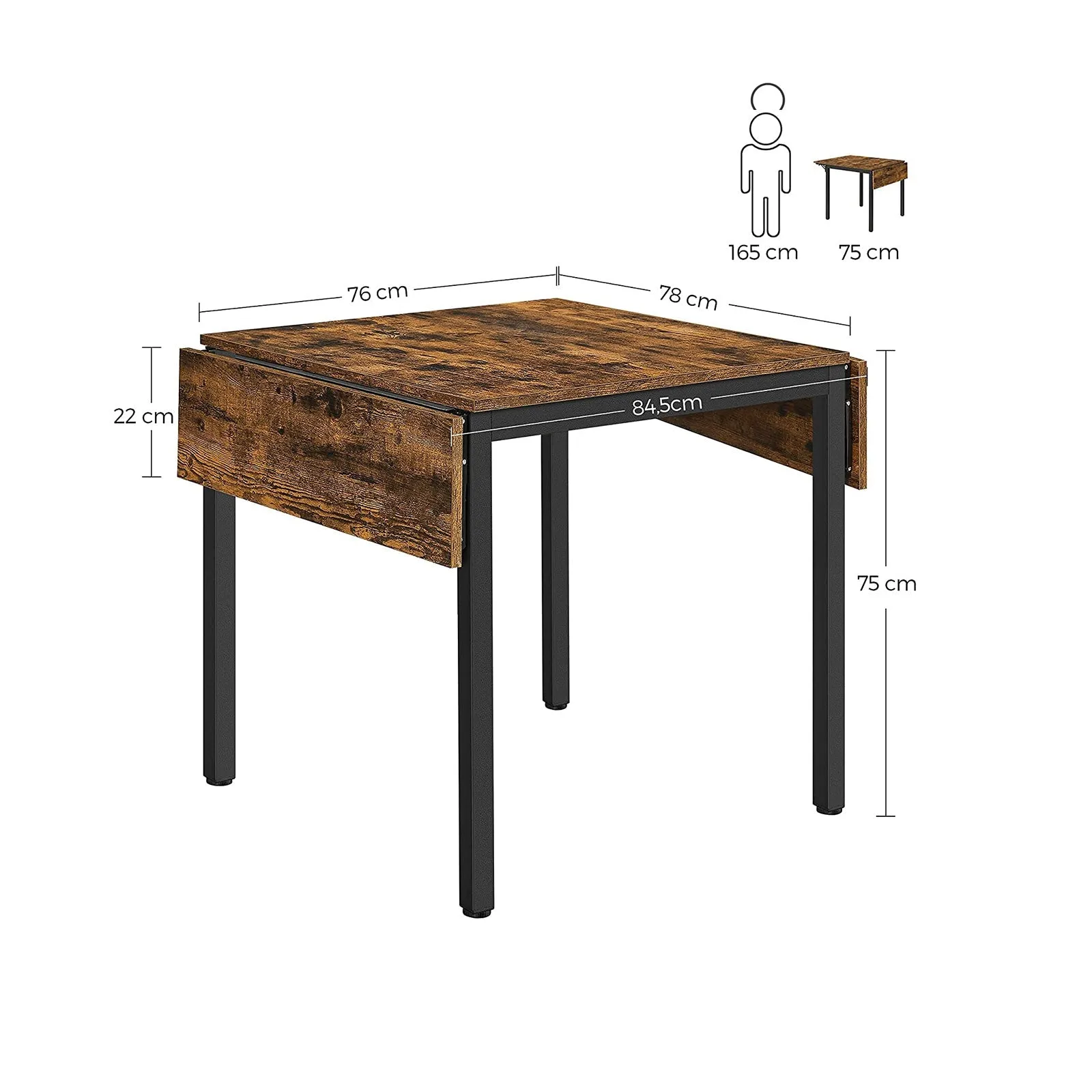 Rootz Vintage Brown-Black Dining Table - Chipboard Steel - Foldable Table - Rustic Table - Heavy Duty - 120cm x 78cm x 76.2cm
