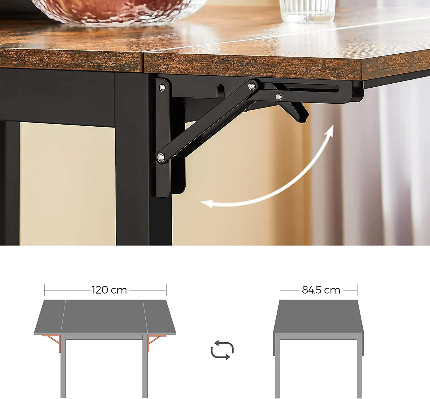 Rootz Vintage Brown-Black Dining Table - Chipboard Steel - Foldable Table - Rustic Table - Heavy Duty - 120cm x 78cm x 76.2cm
