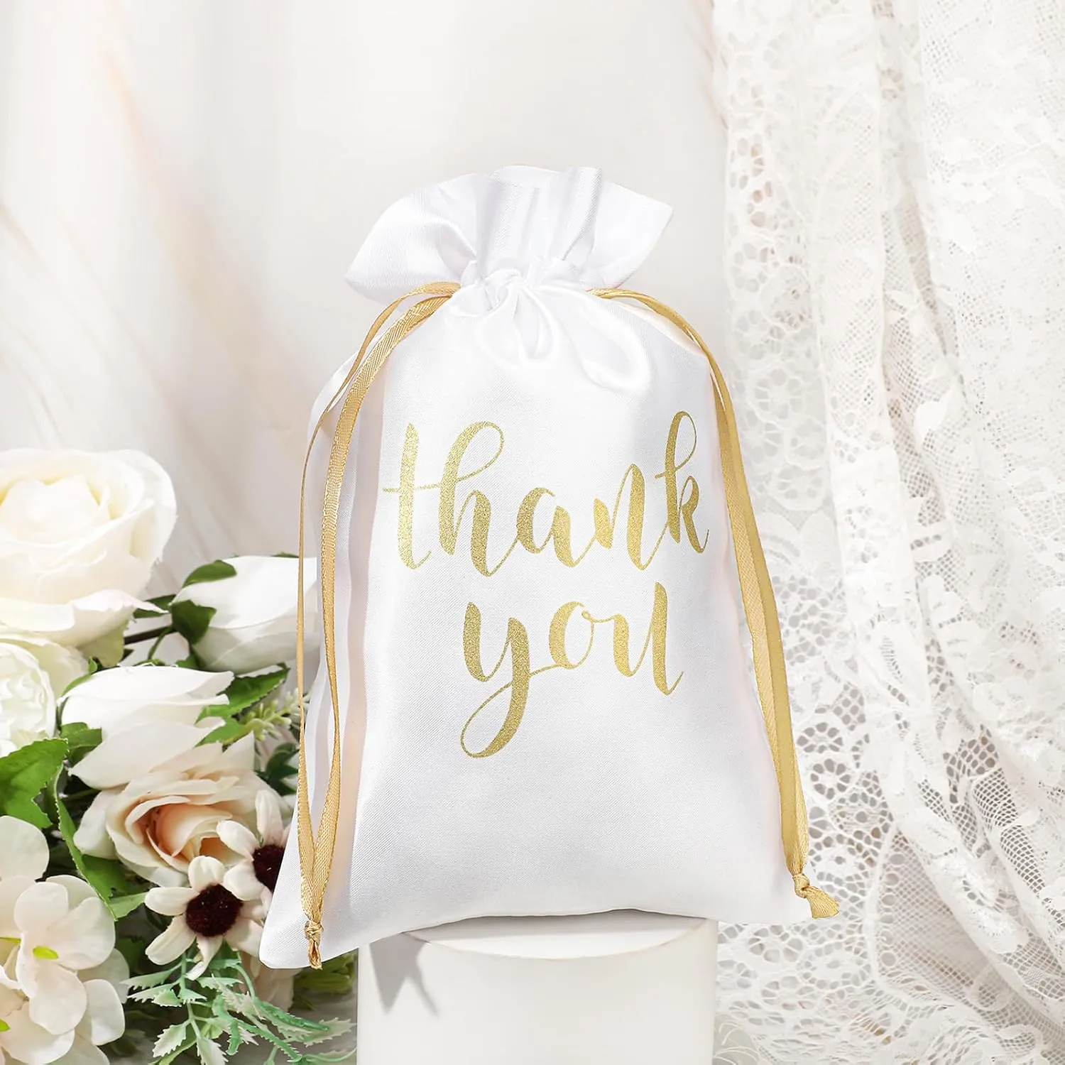 Roowest 100 Pcs Thank You Satin Gift Bags Drawstring Jewelry Candy Pouches for Wedding Bridal Shower Baby Shower Favor Drawstring Bag for Birthday Holiday Party(6 x 9 Inch,White)