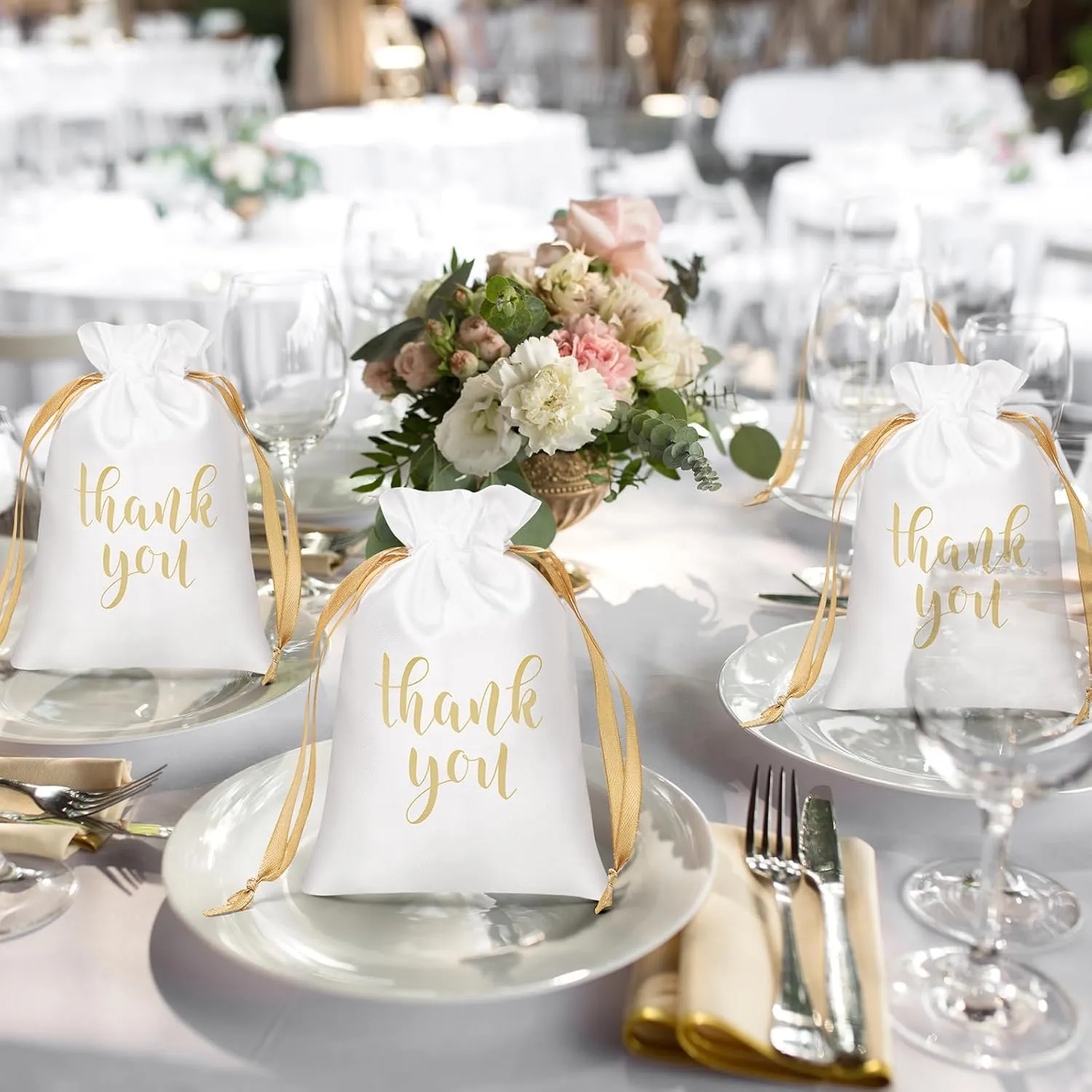Roowest 100 Pcs Thank You Satin Gift Bags Drawstring Jewelry Candy Pouches for Wedding Bridal Shower Baby Shower Favor Drawstring Bag for Birthday Holiday Party(6 x 9 Inch,White)