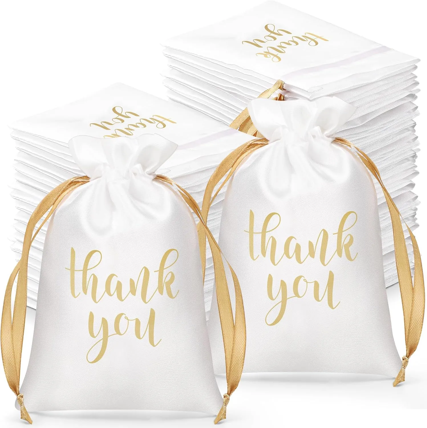 Roowest 100 Pcs Thank You Satin Gift Bags Drawstring Jewelry Candy Pouches for Wedding Bridal Shower Baby Shower Favor Drawstring Bag for Birthday Holiday Party(6 x 9 Inch,White)