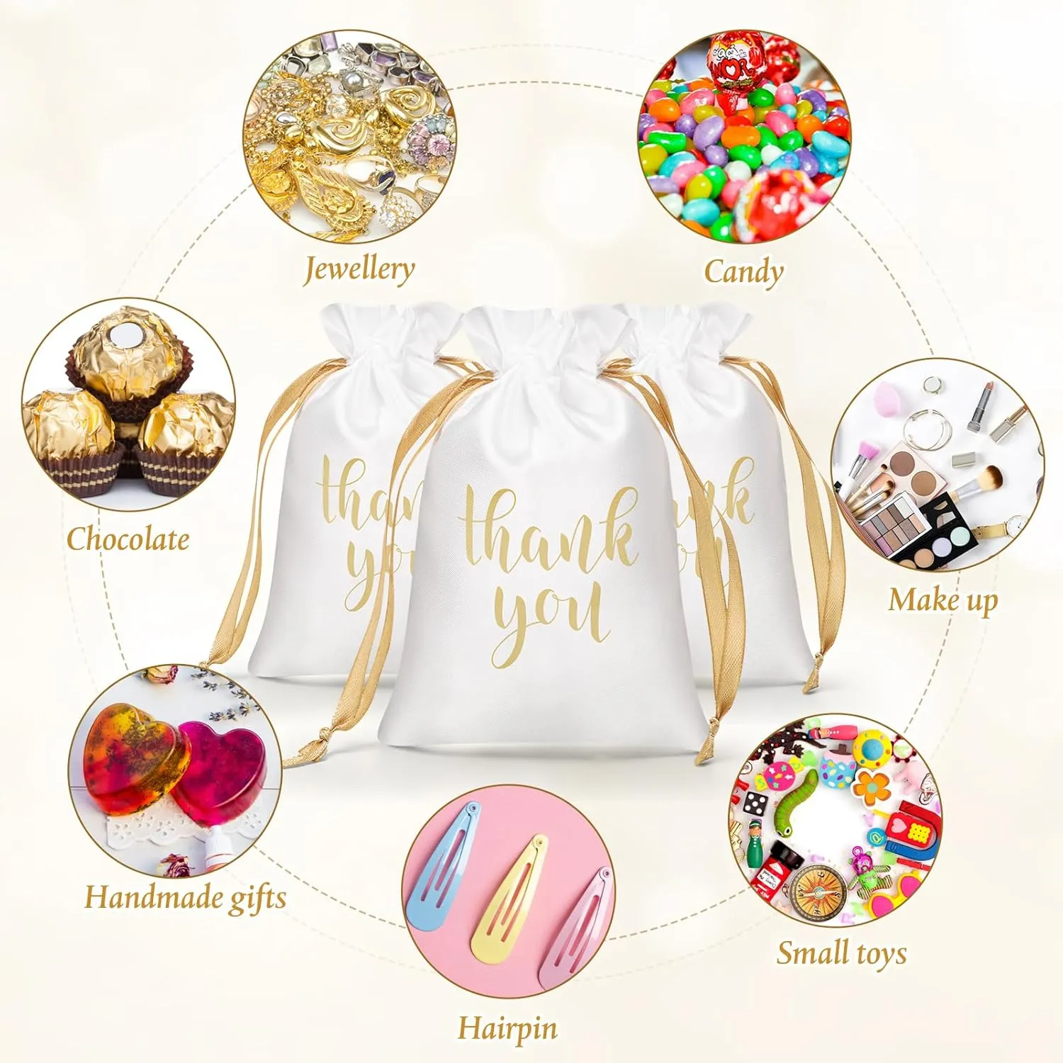 Roowest 100 Pcs Thank You Satin Gift Bags Drawstring Jewelry Candy Pouches for Wedding Bridal Shower Baby Shower Favor Drawstring Bag for Birthday Holiday Party(6 x 9 Inch,White)
