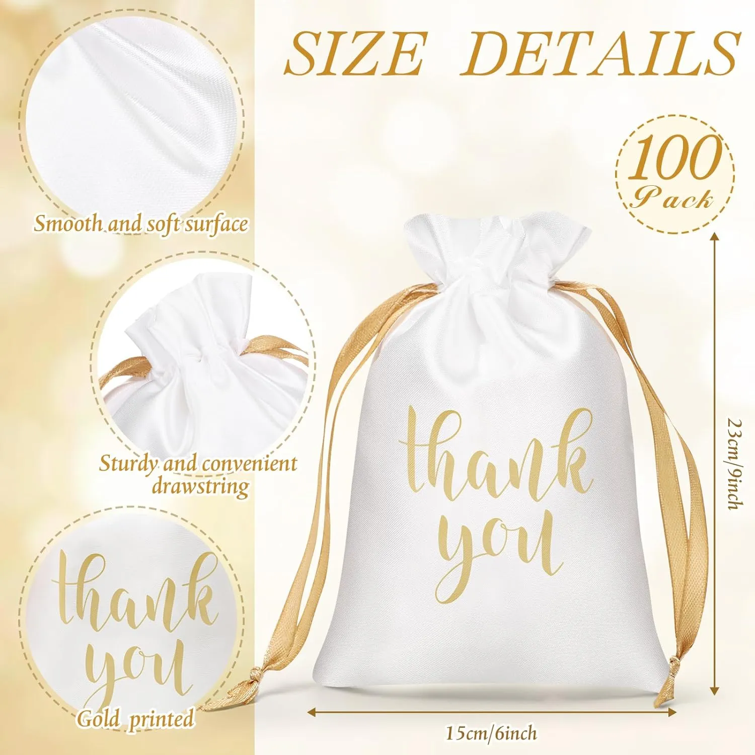 Roowest 100 Pcs Thank You Satin Gift Bags Drawstring Jewelry Candy Pouches for Wedding Bridal Shower Baby Shower Favor Drawstring Bag for Birthday Holiday Party(6 x 9 Inch,White)