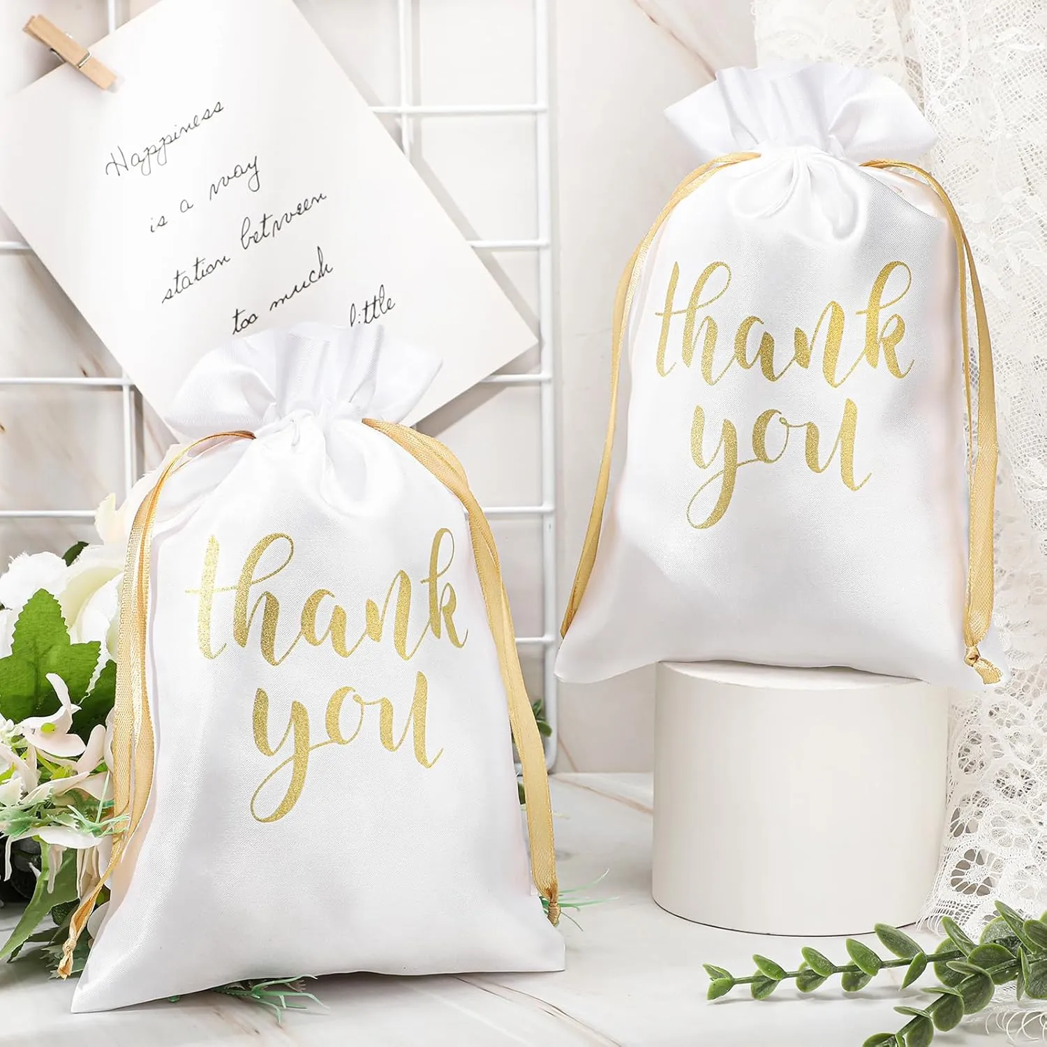 Roowest 100 Pcs Thank You Satin Gift Bags Drawstring Jewelry Candy Pouches for Wedding Bridal Shower Baby Shower Favor Drawstring Bag for Birthday Holiday Party(6 x 9 Inch,White)