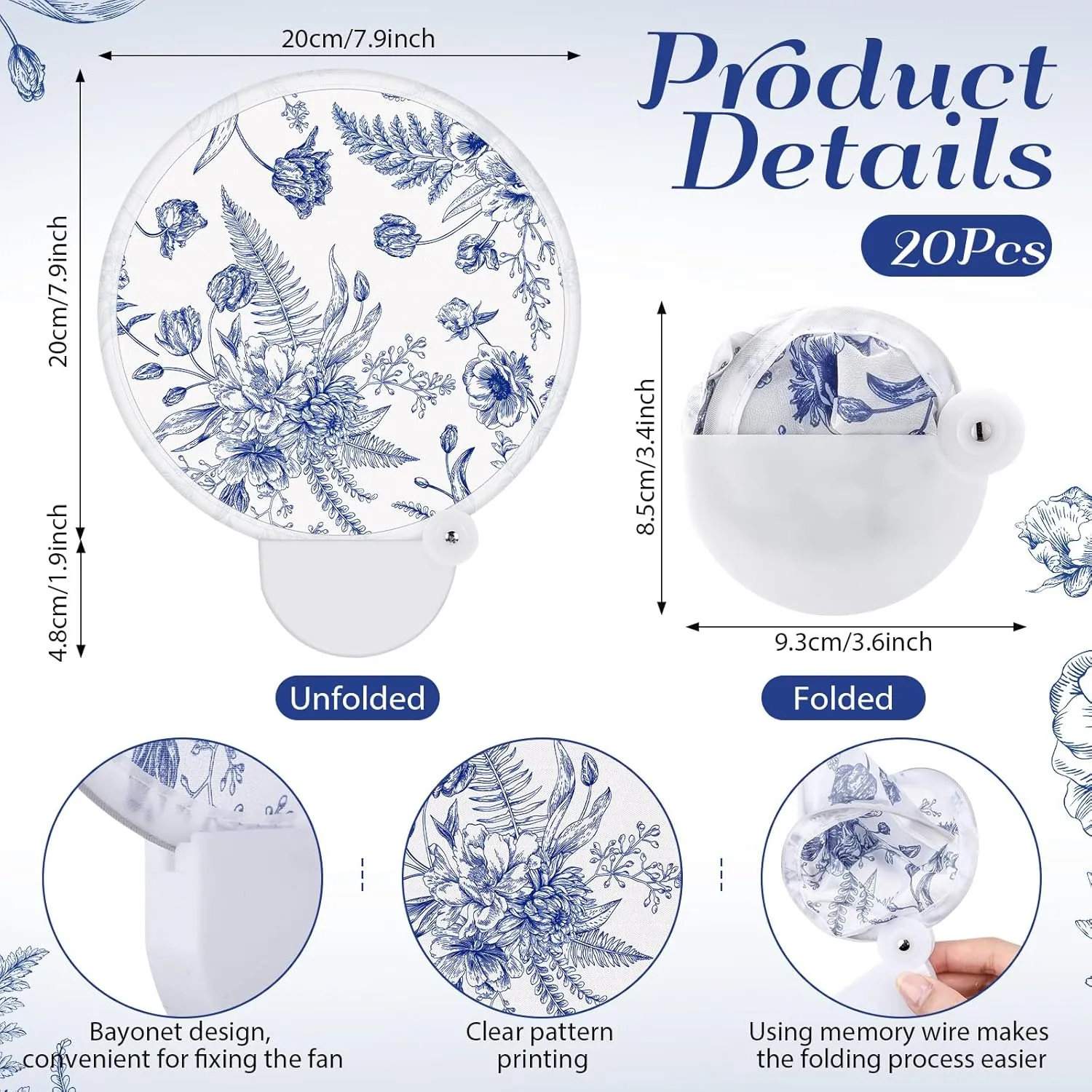 Roowest 20 Pcs Wedding Folding Hand Fans Blue Chinoiserie Floral Round Shaped Lightweight Folding Fan with Plastic Handle and Storage Bag for Summer Tea Party Wedding Favors Bridal Shower Parties