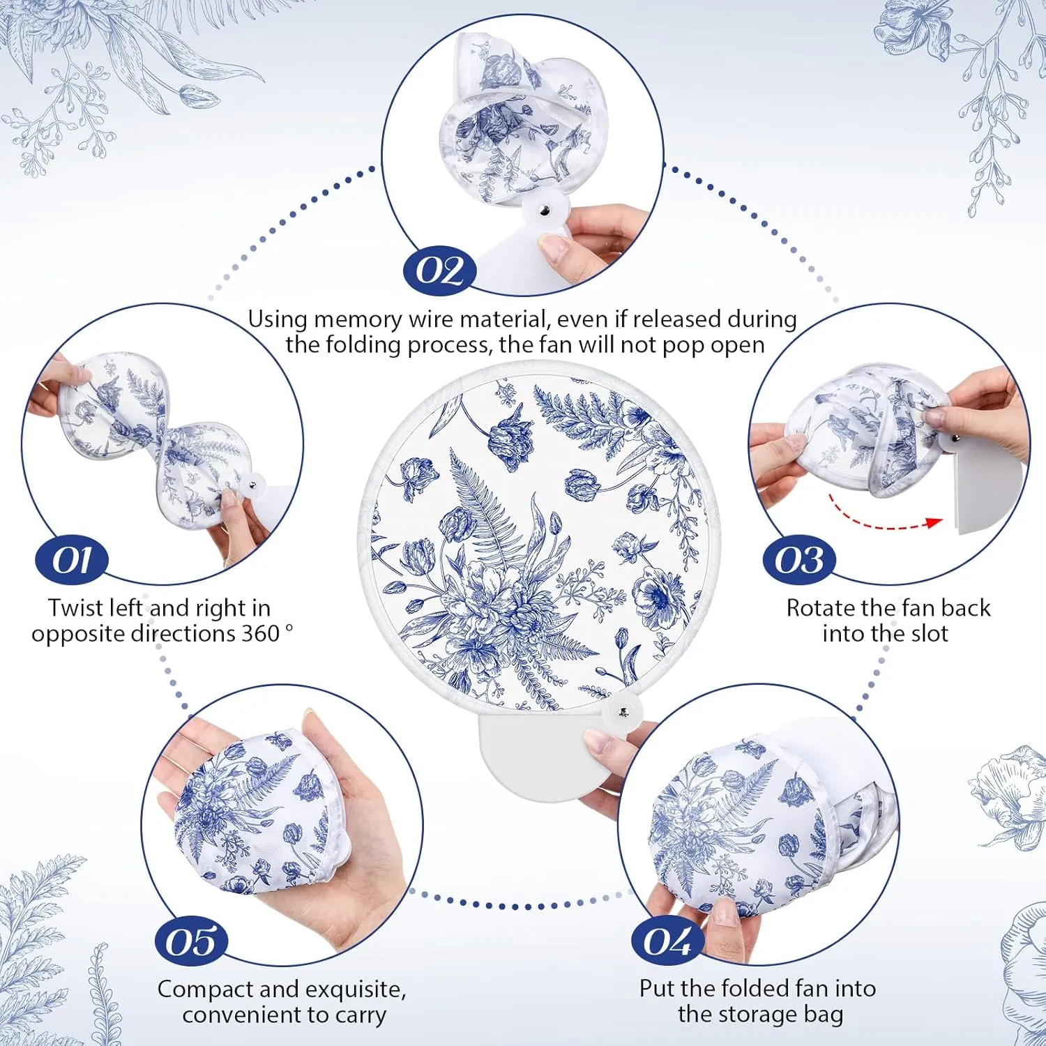 Roowest 20 Pcs Wedding Folding Hand Fans Blue Chinoiserie Floral Round Shaped Lightweight Folding Fan with Plastic Handle and Storage Bag for Summer Tea Party Wedding Favors Bridal Shower Parties