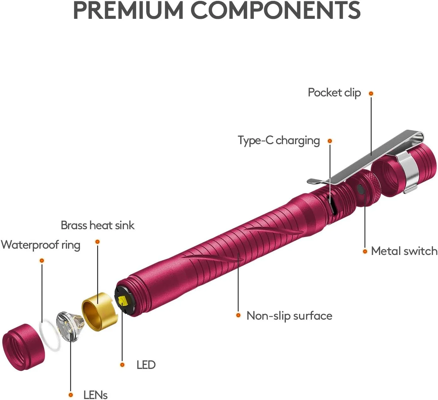 RovyVon Aurora A33 Pen Flashlight USB-C Rechargeable with Pocket Clip, 200 Lumen, IPX8 Waterproof for Inspection, Repair, Work, Outdoors(Red)
