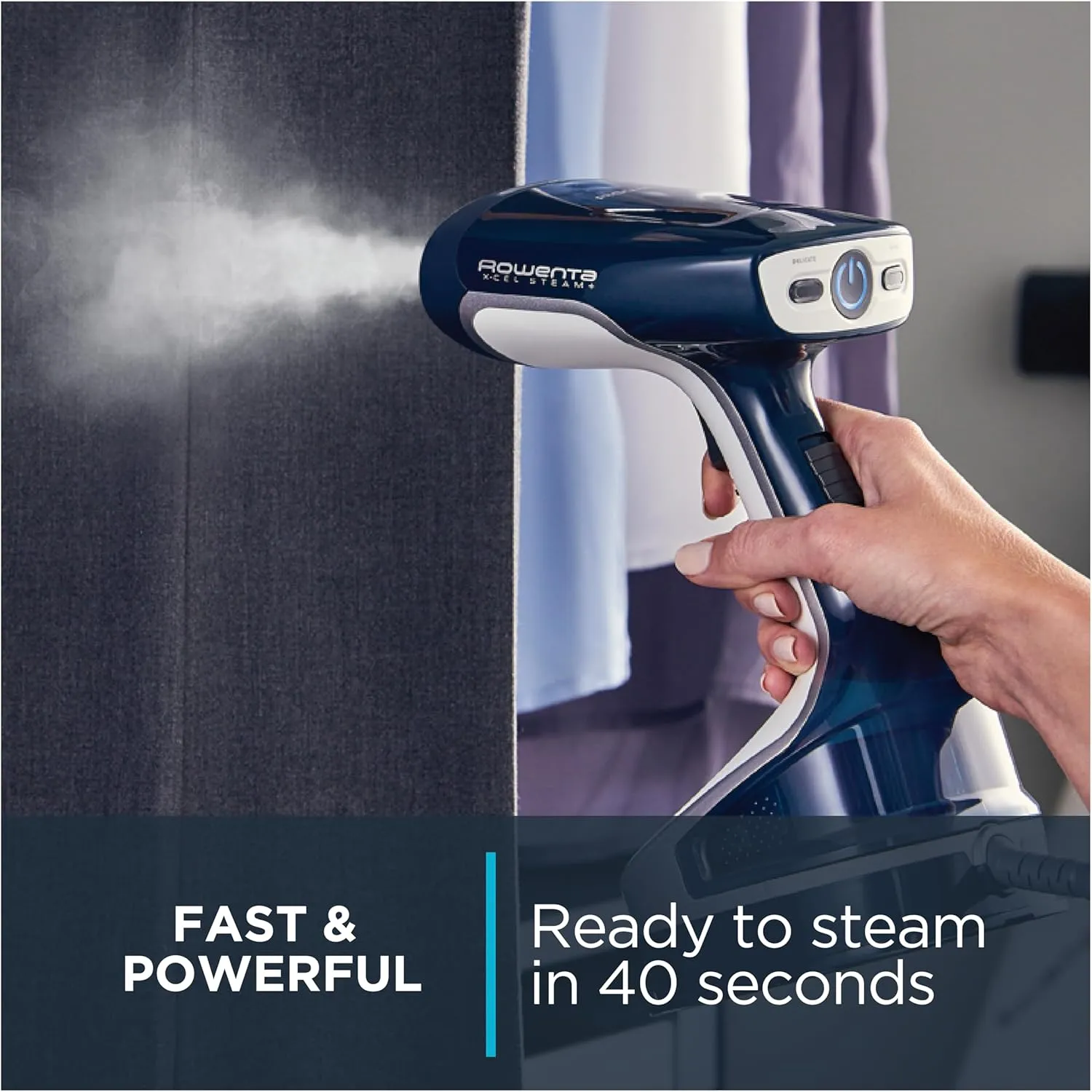 Rowenta Handheld Steamer for Clothes, X-Cel, 1600 Watts, 40-Second Fast Heat-Up, Powerful Continuous or On Demand Steam, 1600 Watts, Portable Clothes Steamer, Travel Must Have, Navy Blue, DR8120