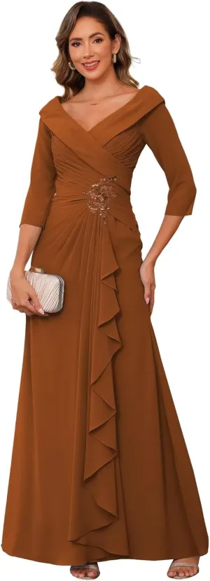 RSOETOO Chiffon Mother of The Bride Dresses for Wedding Long with 3/4 Sleeves Ruffles Applique Formal Dress RO187