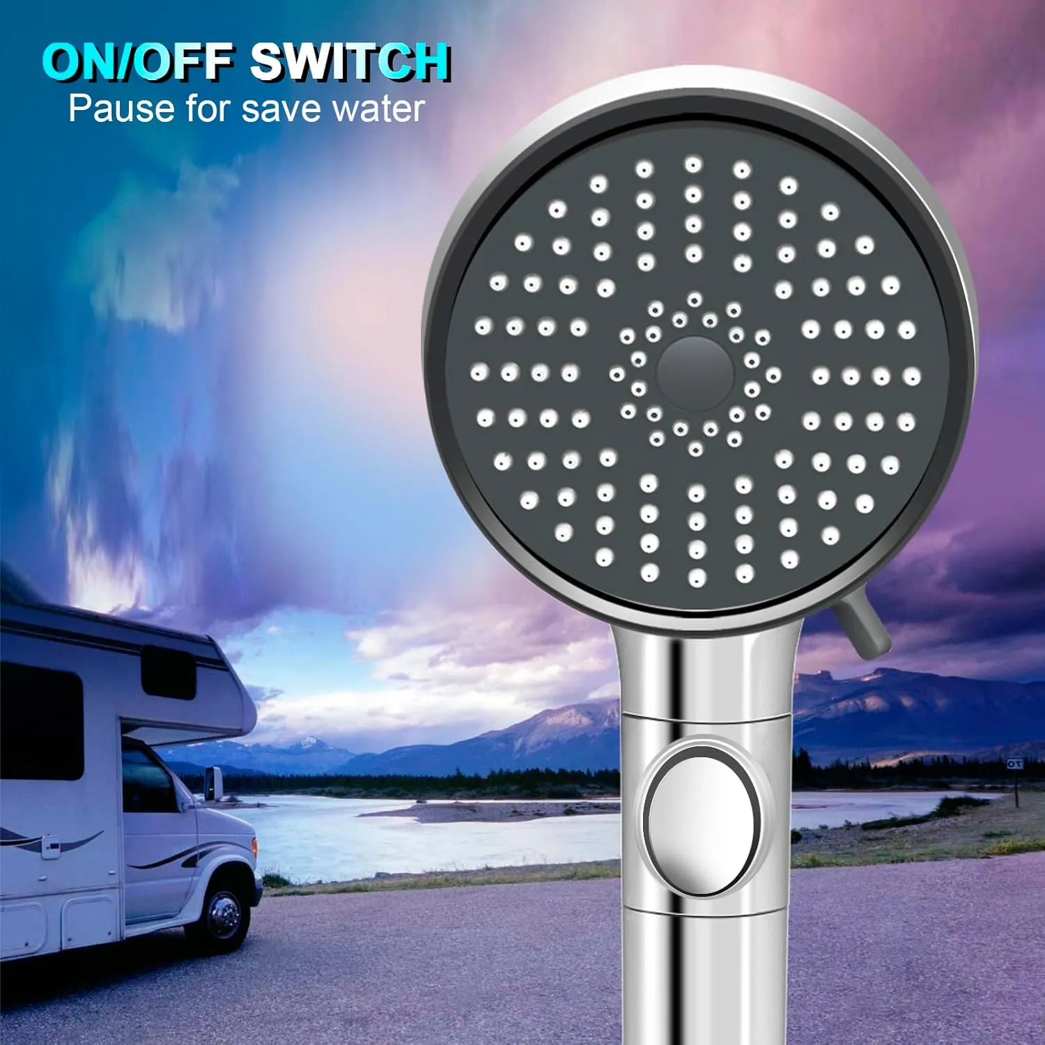 RV Shower Head with Hose, High Pressure 5 Mode Shower head Replacement, Shower Head for RV/Campers, Travel Trailer, Motorhome for Water Saving, Handheld Shower Head Holder and Hose, On Off Switch