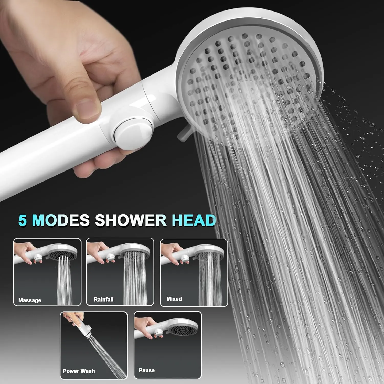 RV Shower Head with Hose, High Pressure 5 Mode Shower head Replacement, Shower Head for RV/Campers, Travel Trailer, Motorhome for Water Saving, Shower Head Holder and Hose, On Off Switch, White